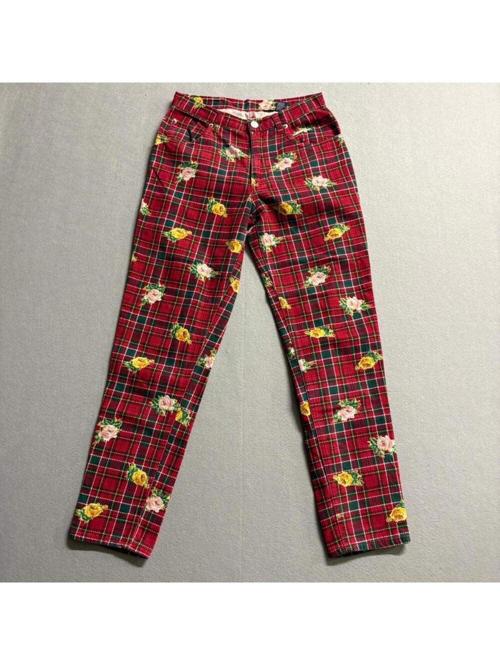 Vintage Gap Denim Plaid Floral Jeans Womens 26 Red Tartan Rose Print 90s